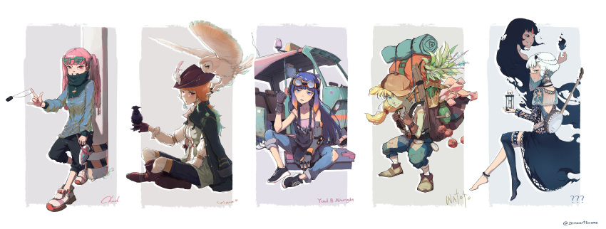 absurdres, asymmetrical_legwear, backpack, bag, bangs, banjo, bird, blonde_hair, blue_eyes, blue_hair, character_request, colored_skin, congratulations, crow, dino_(dinoartforame), dress, gawr_gura, goblin, goggles, goggles_on_head, green_skin, hat, highres, hololive, hololive_english, hourglass, instrument, long_hair, looking_at_viewer, lower_teeth, mechanical_arms, milestone_celebration, mori_calliope, ninomae_ina'nis, open_mouth, pink_hair, pointy_ears, purple_hair, shoes, shutter_shades, single_mechanical_arm, skull, takanashi_kiara, tako_(ninomae_ina'nis), tentacle_hair, tiara_(takanashi_kiara), twintails, veil, violet_eyes, virtual_youtuber, watoto_(watson_amelia), watson_amelia, white_background, world_of_darkness, yuul_b_alwright_(ninomae_ina'nis)