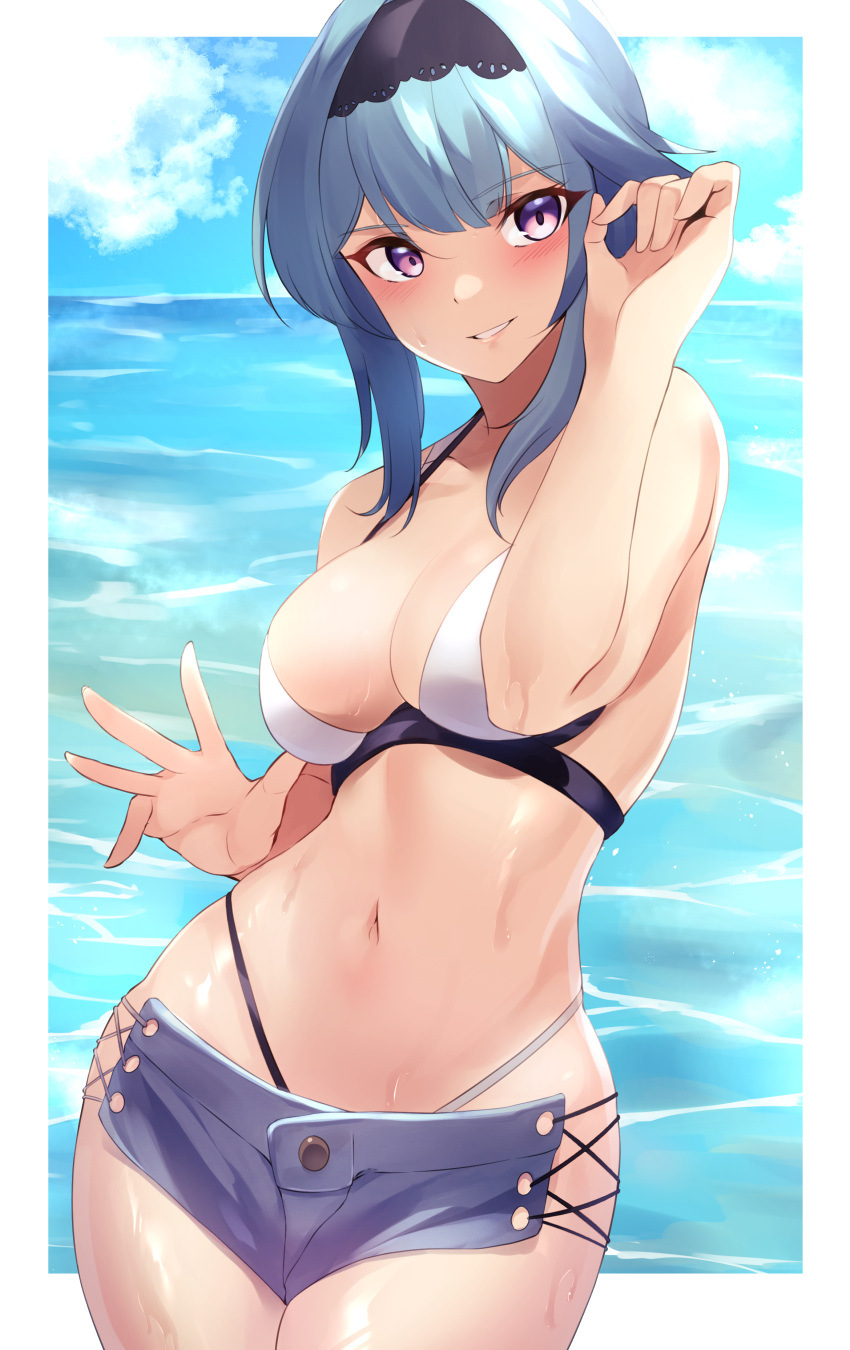 1girl, absurdres, bikini, blue_eyes, blush, breasts, denim, denim_shorts