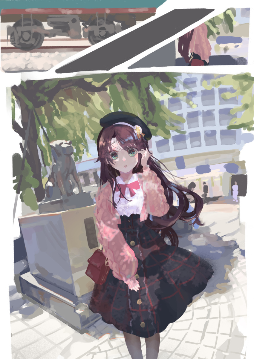 1girl, 2others, absurdres, aran_sweater, bag, beret, black_headwear, black_legwear, black_skirt, blouse, brown_hair, building, buttons, cardigan, checkered, checkered_skirt, cobblestone, commentary_request, feet_out_of_frame, green_eyes, ground_vehicle, hachikou_(dog), hand_in_hair, hand_up, handbag, hat, highres, hololive, long_hair, long_sleeves, looking_at_viewer, mixed-language_commentary, multiple_others, multiple_views, neck_ribbon, oozora_subaru, open_cardigan, open_clothes, outdoors, pantyhose, parted_lips, pink_neckwear, pink_sweater, real_world_location, ribbon, samu_(7643109), shibuya_(tokyo), skirt, solo_focus, statue, sweater, train, tree, white_blouse