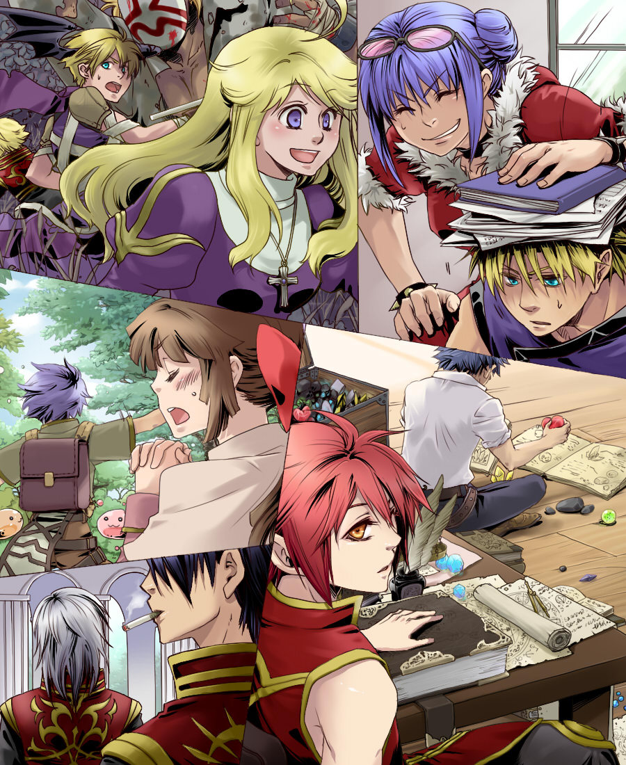 3girls, 6+boys, :3, acolyte_(ragnarok_online), armor, assassin_(ragnarok_online), backpack, bag, bandages, bangs, belt, black_pants, black_wings, blacksmith_(ragnarok_online), blonde_hair, bloody_murderer, blue_eyes, blue_hair, blue_pants, blue_sky, book, book_on_head, brown_belt, brown_footwear, brown_hair, brown_shirt, brown_shorts, cape, capelet, chair, cigarette, closed_eyes, closed_mouth, clouds, column, commentary_request, cross, cross_necklace, dagger, day, demon_wings, double_bun, dress, eyebrows_visible_through_hair, eyewear_on_head, feathers, fur-trimmed_jacket, fur_trim, gem, green_shirt, hair_between_eyes, hair_over_eyes, head_wings, holding, holding_dagger, holding_weapon, indoors, inkwell, interlocked_fingers, jacket, jamadhar, jewelry, juliet_sleeves, knife, long_hair, long_sleeves, looking_at_another, looking_to_the_side, magic_circle, mask, multiple_boys, multiple_girls, necklace, novice_(ragnarok_online), object_on_head, open_mouth, orange_eyes, outdoors, own_hands_together, pants, paper, pauldrons, pillar, poring, priest_(ragnarok_online), puffy_sleeves, purple_cape, purple_dress, purple_shirt, quill, ragnarok_online, red_eyes, red_jacket, red_shirt, rock, rogue_(ragnarok_online), scroll, sezaki_takumi, shirt, shoes, short_hair, short_sleeves, shorts, shoulder_armor, sitting, sky, sleeveless, sleeveless_shirt, slime_(creature), smile, smoking, sunglasses, table, treasure_chest, tree, upper_body, violet_eyes, waist_cape, weapon, white_capelet, white_hair, white_shirt, window, wings, wizard_(ragnarok_online), wooden_floor