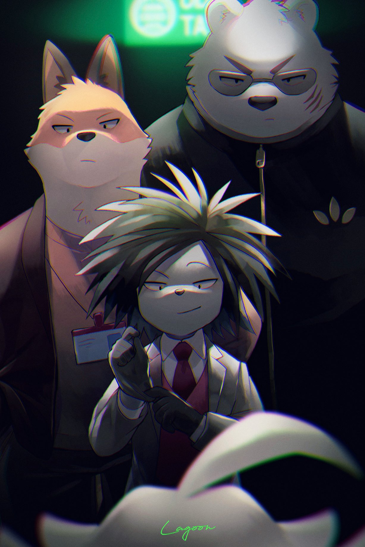 4boys, adjusting_clothes, adjusting_gloves, animal_ears, black_gloves, black_hair, black_jacket, blurry