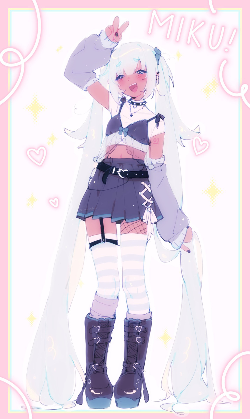 1girl, absurdly_long_hair, adapted_costume, airpods, alternate_color, alternate_eye_color, alternate_hair_color, alternate_skin_color, ankle_boots, aqua_hair, arm_at_side, arm_up, belt, belt_boots, black_belt, black_chemise, black_choker, black_eyes, black_footwear, black_nails, black_skirt, blue_border, blue_legwear, blue_ribbon, boots, border, character_name, chemise, choker, commentary, crop_top, cross-laced_clothes, cross-laced_footwear, cross-laced_skirt, dark-skinned_female, dark_skin, detached_sleeves, dot_nose, ear_piercing, earphones, earphones, english_commentary, eyebrows_visible_through_hair, fang, fingernails, fishnet_legwear, fishnets, flat_chest, full_body, garter_straps, grey_legwear, hair_ribbon, halftone, happy, hatsune_miku, heart, heart_background, heart_buckle, heart_necklace, highres, holding, holding_hair, horizontal_stripes, jewelry, light_blush, long_hair, looking_at_viewer, loose_belt, loose_socks, midriff, navel, necklace, number_tattoo, open_mouth, pale_color, pastel_colors, piercing, pink_border, platform_boots, platform_footwear, pleated_skirt, ribbon, shiny, shiny_hair, short_sleeves, simple_background, skirt, sleeves_past_wrists, socks, socks_over_thighhighs, solo, sparkle, sparkle_background, spiked_choker, spikes, standing, straight_hair, striped, striped_legwear, tattoo, teeth, thick_eyebrows, thigh-highs, tsurime, twintails, twitter_username, two-tone_legwear, upper_teeth, v, very_long_hair, vocaloid, weeniedesu, white_background, white_legwear, yellow_border, zettai_ryouiki