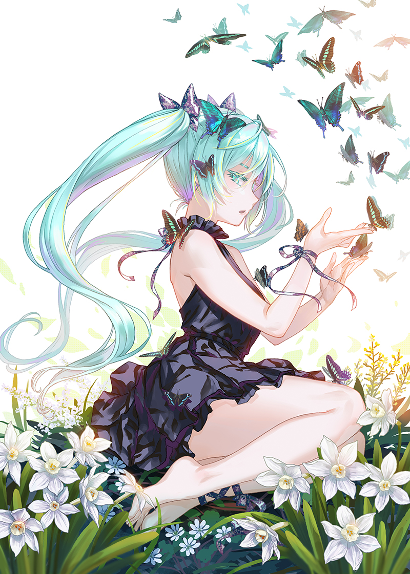1girl, ankle_ribbon, aqua_eyes, aqua_hair, backlighting, bare_arms, bare_legs, barefoot