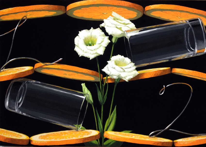 acrylic_paint_(medium), black_background, cup, drinking_glass, eustoma, floating, floating_object, flower