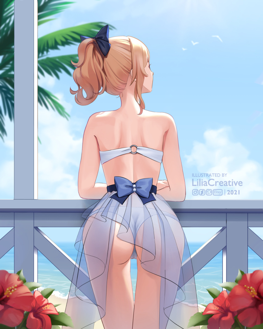 1girl, ass, bare_back, bare_shoulders, beach, bikini, bird, blonde_hair