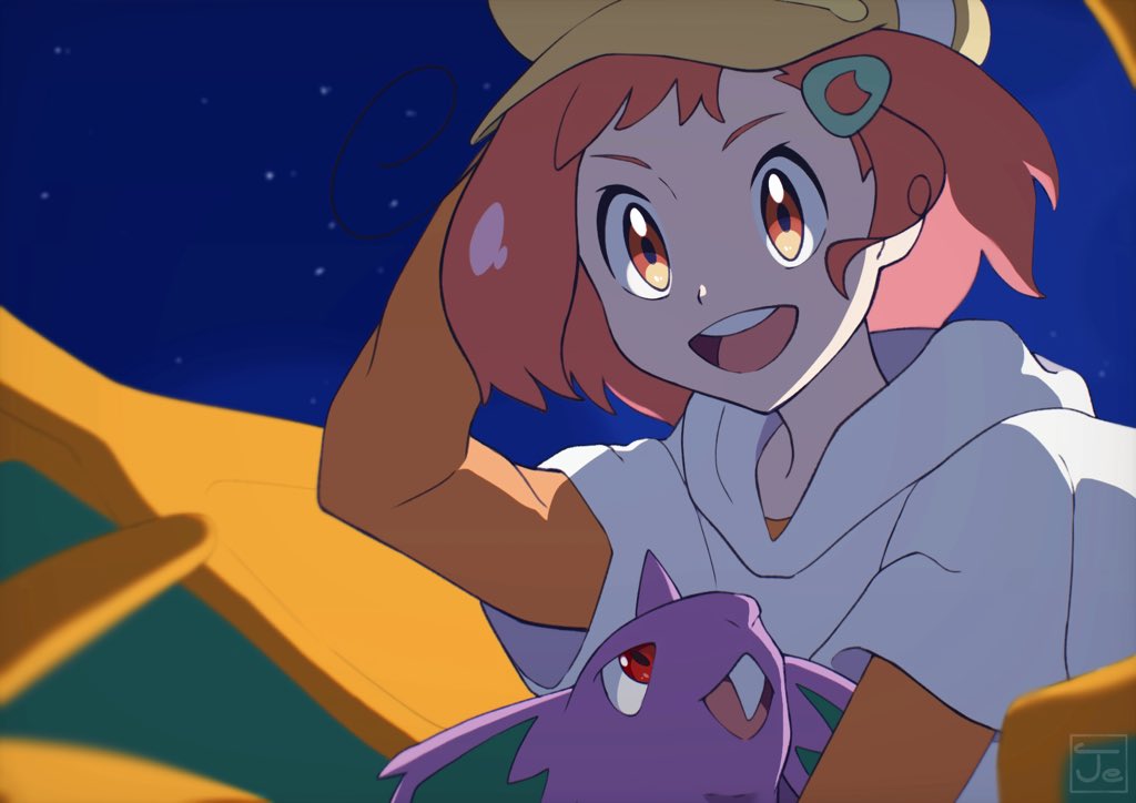 1girl, :d, bangs, blurry, charizard, commentary_request, gen_1_pokemon, hair_ornament