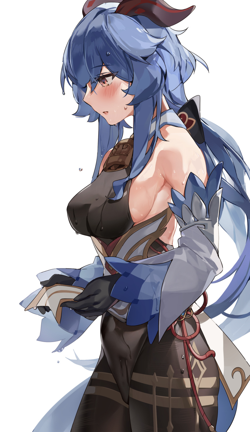 1girl, absurdres, bare_shoulders, black_gloves, black_legwear, black_leotard, blue_hair, breasts