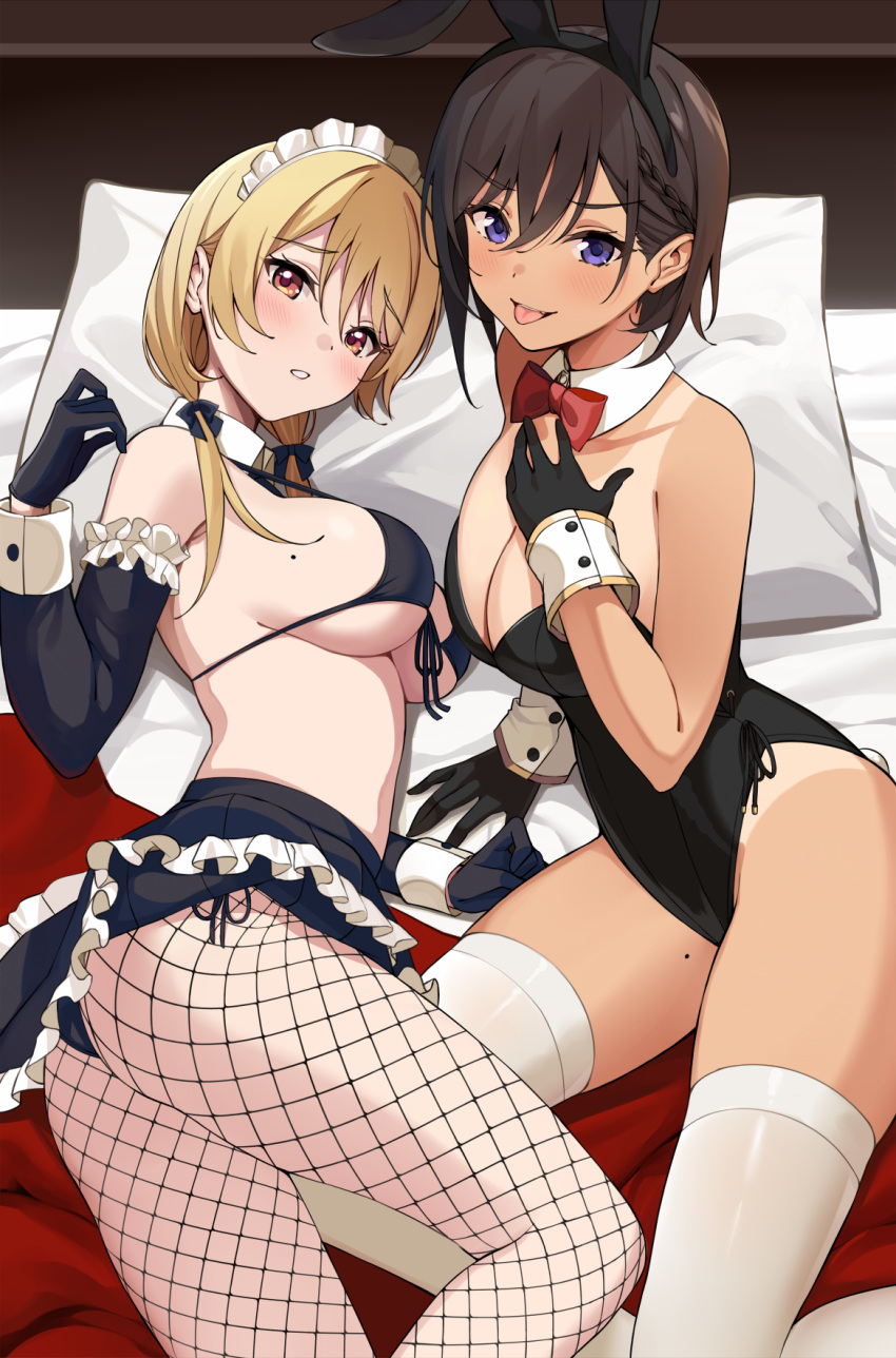 2girls, animal_ears, ass, bare_shoulders, bikini, bikini_top, black_bikini, black_gloves