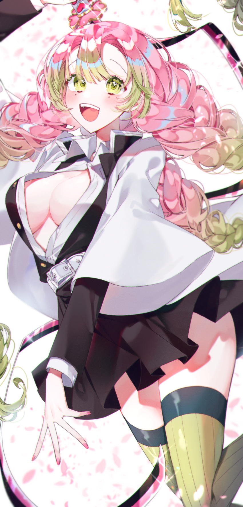 1girl, :d, absurdres, bangs, black_skirt, blush, braid, breast_cutout