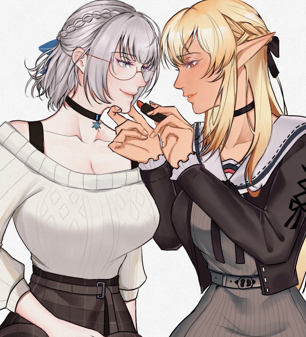 2girls, belt, black_choker, black_jacket, black_ribbon, black_skirt, blonde_hair, blue_ribbon