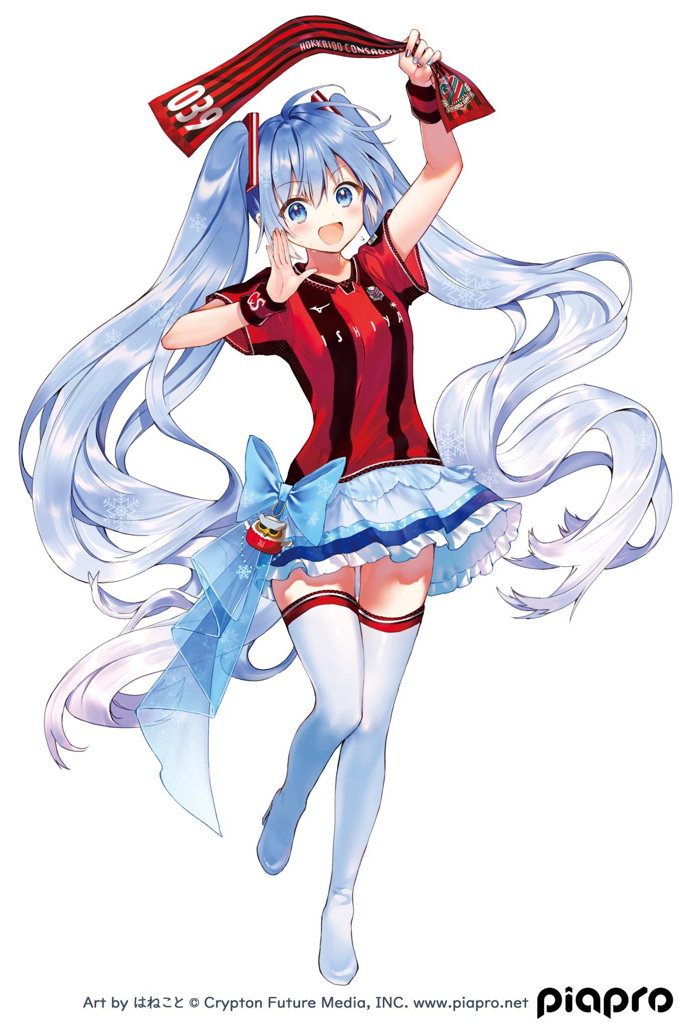 ;d, ahoge, arm_up, bangs, blue_bow, blue_hair, blush, boots