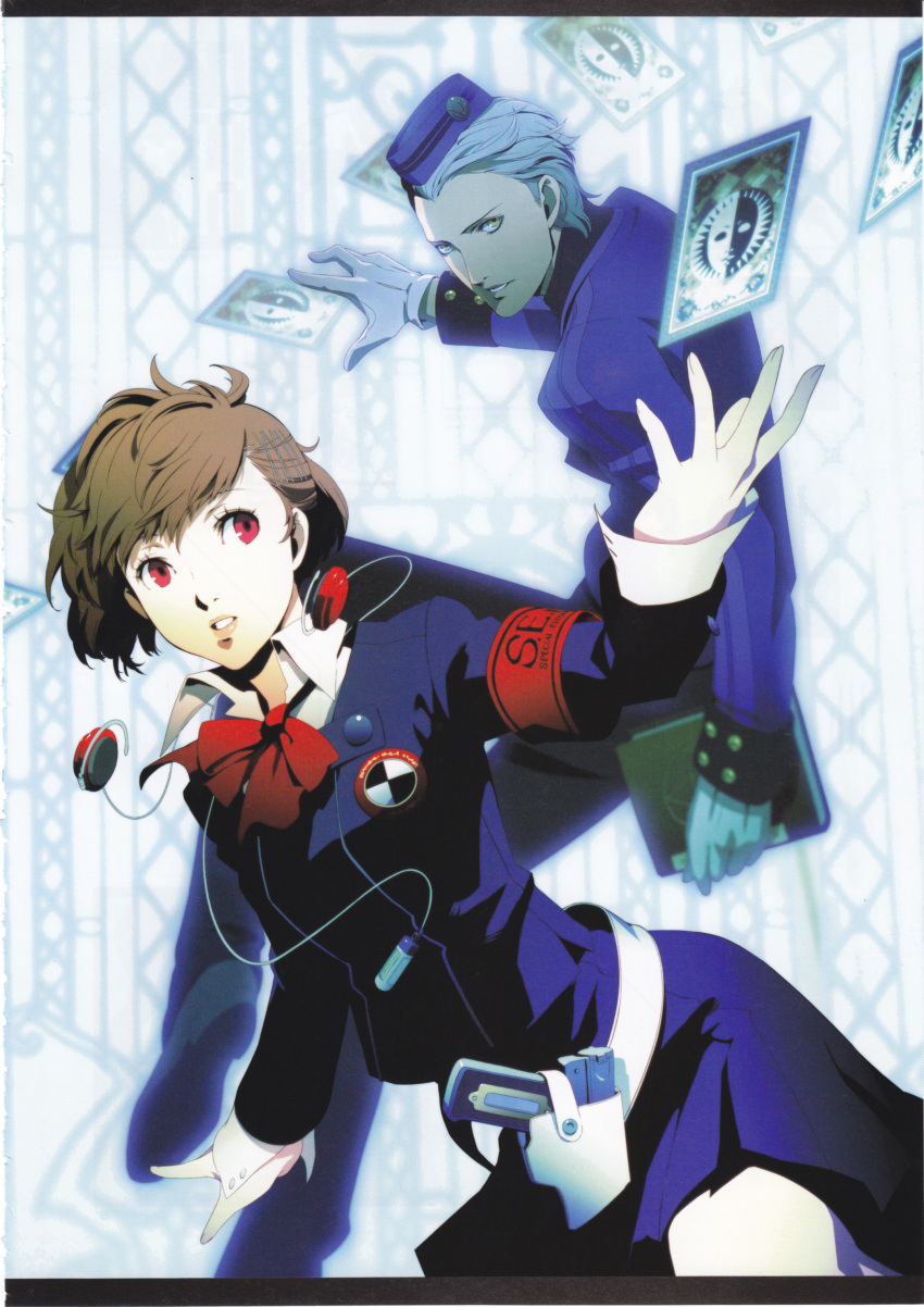 armband, book, brown_hair, female_protagonist_(persona_3), gloves, hair_ornament, hairclip, hat, headphones, highres, official_art, persona, persona_3, persona_3_portable, red_eyes, scan, school_uniform, short_hair, soejima_shigenori, teodor, velvet_room, white_hair, yellow_eyes