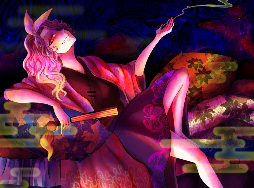 1girl, fan, floral_print, folding_fan, hair_over_one_eye, hair_ribbon, highres, holding