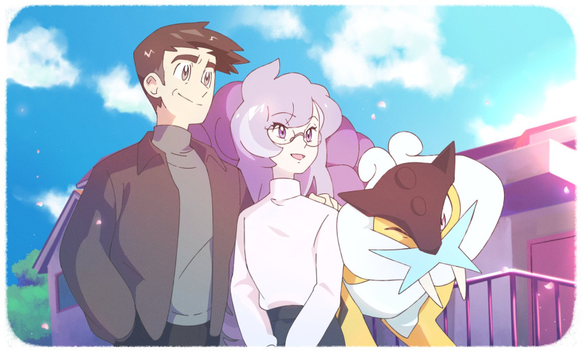 1boy, 1girl, anabel_(pokemon), bangs, black_pants, border, brown_hair, brown_jacket