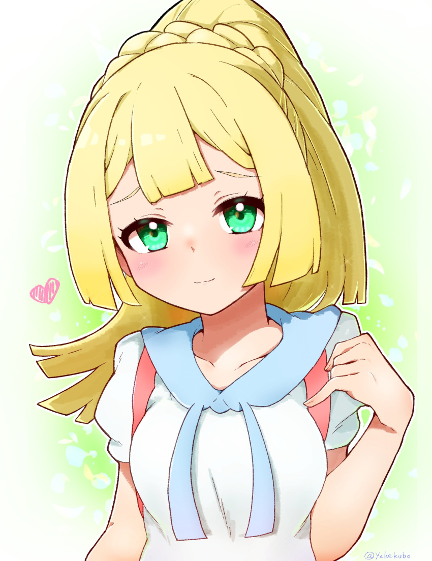 1girl, absurdres, bangs, blonde_hair, blush, braid, closed_mouth, collarbone, commentary_request, eyelashes, french_braid, green_eyes, hand_up, heart, highres, kurokubo_(yakekubo), lillie_(pokemon), long_hair, looking_at_viewer, outline, pokemon, pokemon_(game), pokemon_sm, ponytail, raised_eyebrows, sailor_collar, shirt, smile, solo, white_shirt