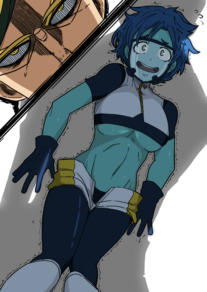 1girl, absurdres, bangs, black_gloves, blue_hair, blue_skin, boku_no_hero_academia, breasts