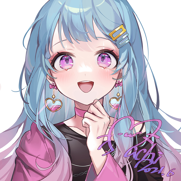 1girl, bangs, black_shirt, blue_hair, blush, choker, clothing_request, commentary_request