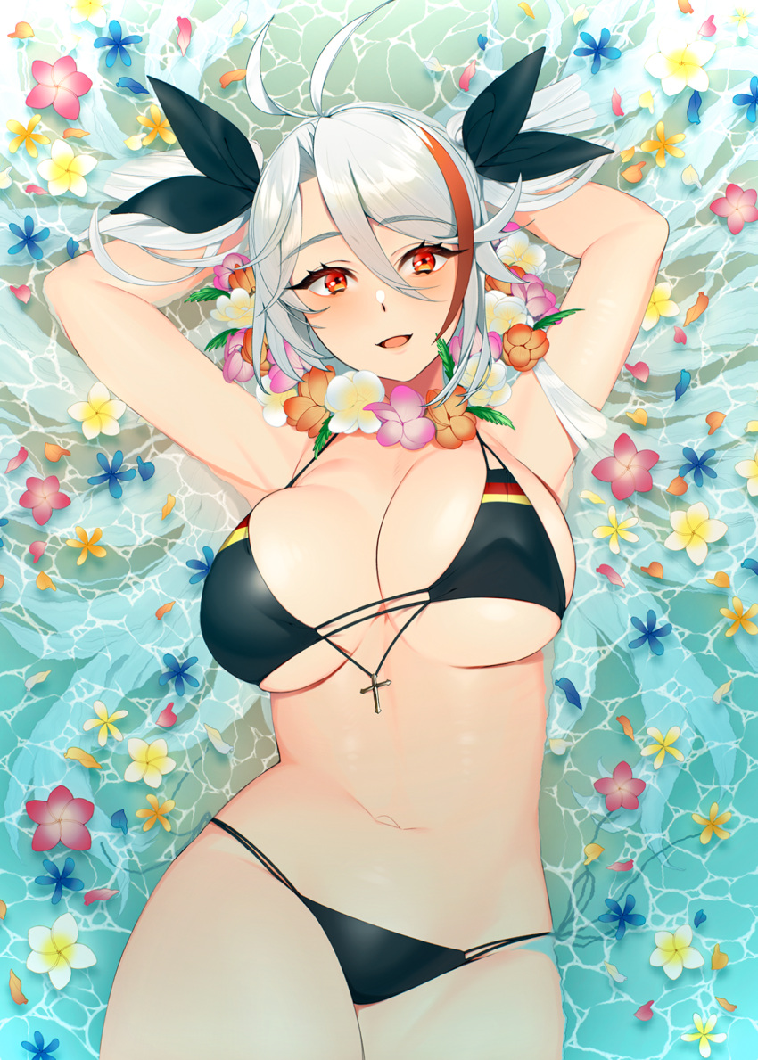 1girl, armpits, arms_behind_head, azur_lane, bikini, black_bikini, black_ribbon, blue_flower
