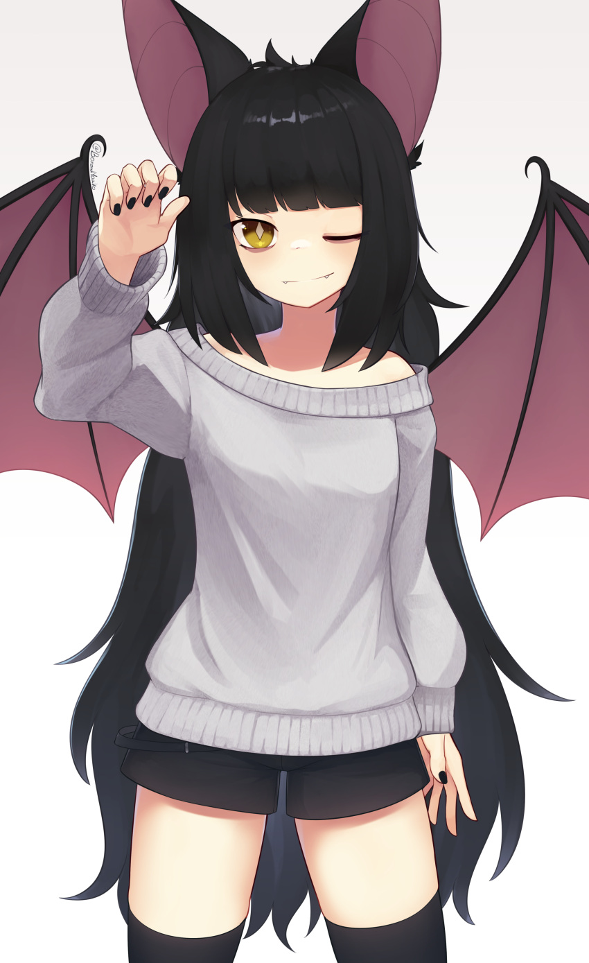 1girl, absurdres, animal_ears, bat_ears, bat_wings, black_legwear, black_nails, black_shorts, claw_pose, closed_mouth, cowboy_shot, fangs, fangs_out, fingernails, grey_sweater, hand_up, highres, indie_virtual_youtuber, long_hair, looking_at_viewer, messy_hair, moriko_kyoho, nail_polish, off-shoulder_sweater, off_shoulder, one_eye_closed, shorts, simple_background, smile, solo, standing, sweater, thigh-highs, twitter_username, very_long_hair, virtual_youtuber, white_background, wings, yellow_eyes, yoako