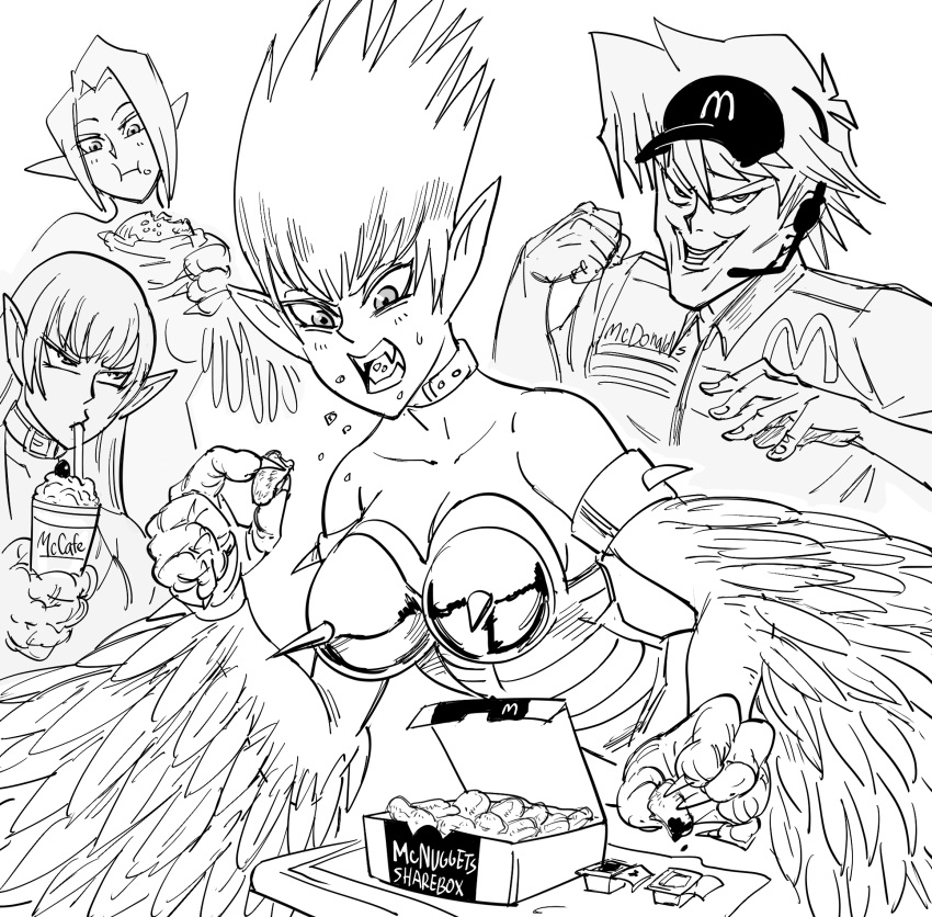 1boy, 3girls, armlet, bare_shoulders, bb_(baalbuddy), breasts, burger, chicken_nuggets, claws, collar, commentary, cup, dipping, drinking, drinking_straw, duel_monster, eating, english_commentary, fangs, food, food_bite, frappuccino, harpie_lady_#1, harpie_lady_#2, harpie_lady_#3, harpie_lady_sisters, harpy, hat, headset, highres, holding, holding_cup, jounouchi_katsuya, ketchup, mcdonald's, monochrome, monster_girl, multiple_girls, pointy_ears, short_hair, spiked_armlet, spiked_armor, spiky_hair, winged_arms, yu-gi-oh!