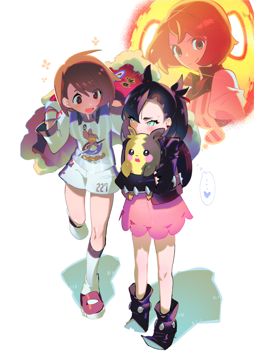 2girls, absurdres, ankle_boots, asymmetrical_bangs, backpack, bag, bangs, black_footwear, black_hair, black_jacket, blush, bob_cut, boots, brown_eyes, brown_hair, cape, collared_shirt, commentary, dynamax_band, earrings, eyelashes, fur-trimmed_cape, fur_trim, gloria_(pokemon), green_eyes, gym_challenge_uniform, hair_ribbon, highres, holding, holding_pokemon, jacket, jewelry, km_(ksolee1201), knees, marnie_(pokemon), multiple_girls, open_mouth, pokemon, pokemon_(creature), pokemon_(game), pokemon_swsh, red_cape, red_ribbon, ribbon, shirt, shoes, short_hair, shorts, smile, socks, standing, sweatdrop, thought_bubble, white_legwear, white_shorts, yuri