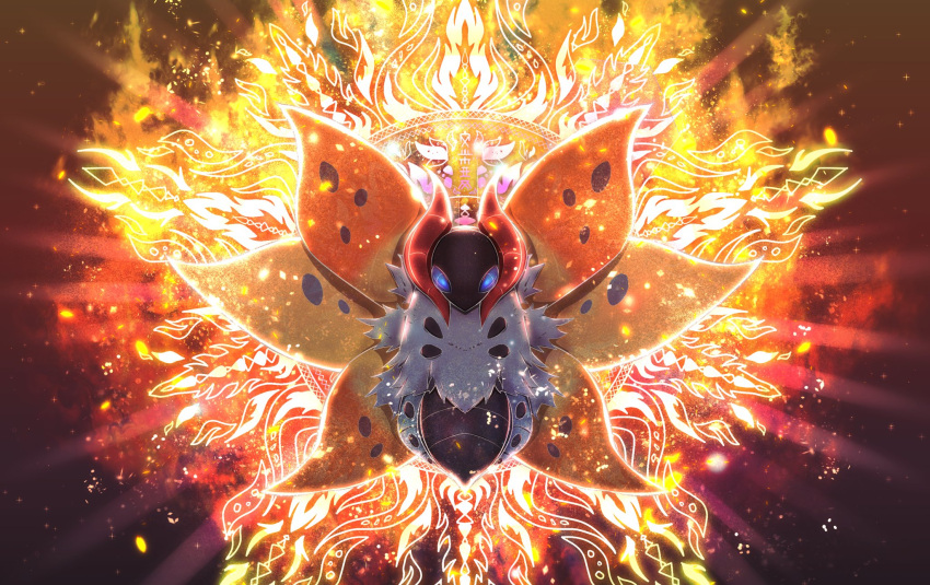 blue_eyes, bug, commentary_request, embers, full_body, gen_5_pokemon, glowing, highres, insect, light_rays, looking_at_viewer, moth, no_humans, pokemon, pokemon_(creature), solo, volcarona, white_fur, yama_neko_3