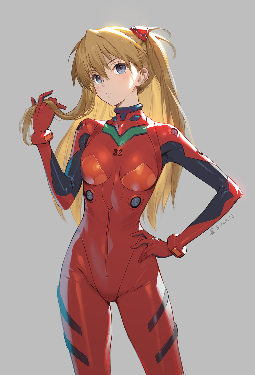 1girl, blue_eyes, bodysuit, breasts, hairpods, highres, interface_headset, light_brown_eyebrows, light_brown_hair, multicolored, multicolored_bodysuit, multicolored_clothes, neon_genesis_evangelion, orange_bodysuit, pilot_suit, plugsuit, red_bodysuit, siino, small_breasts, souryuu_asuka_langley