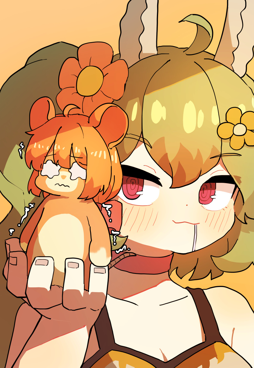 2girls, absurdres, ahoge, alpaca_ears, animal_ears, asymmetrical_bangs, bangs, blush