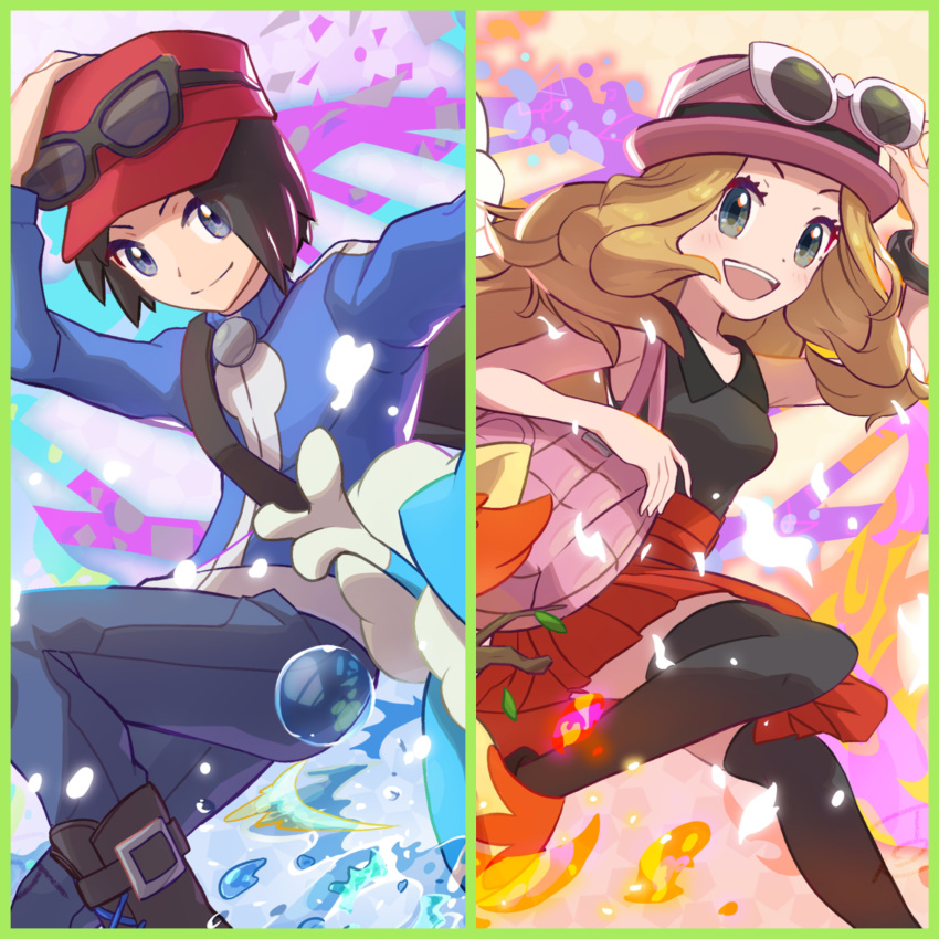 1boy, 1girl, :d, absurdres, bag, black_legwear, blonde_hair, blue_jacket