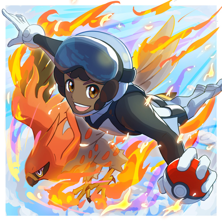 1boy, bangs, blue_headwear, boots, border, brown_eyes, brown_hair, commentary_request