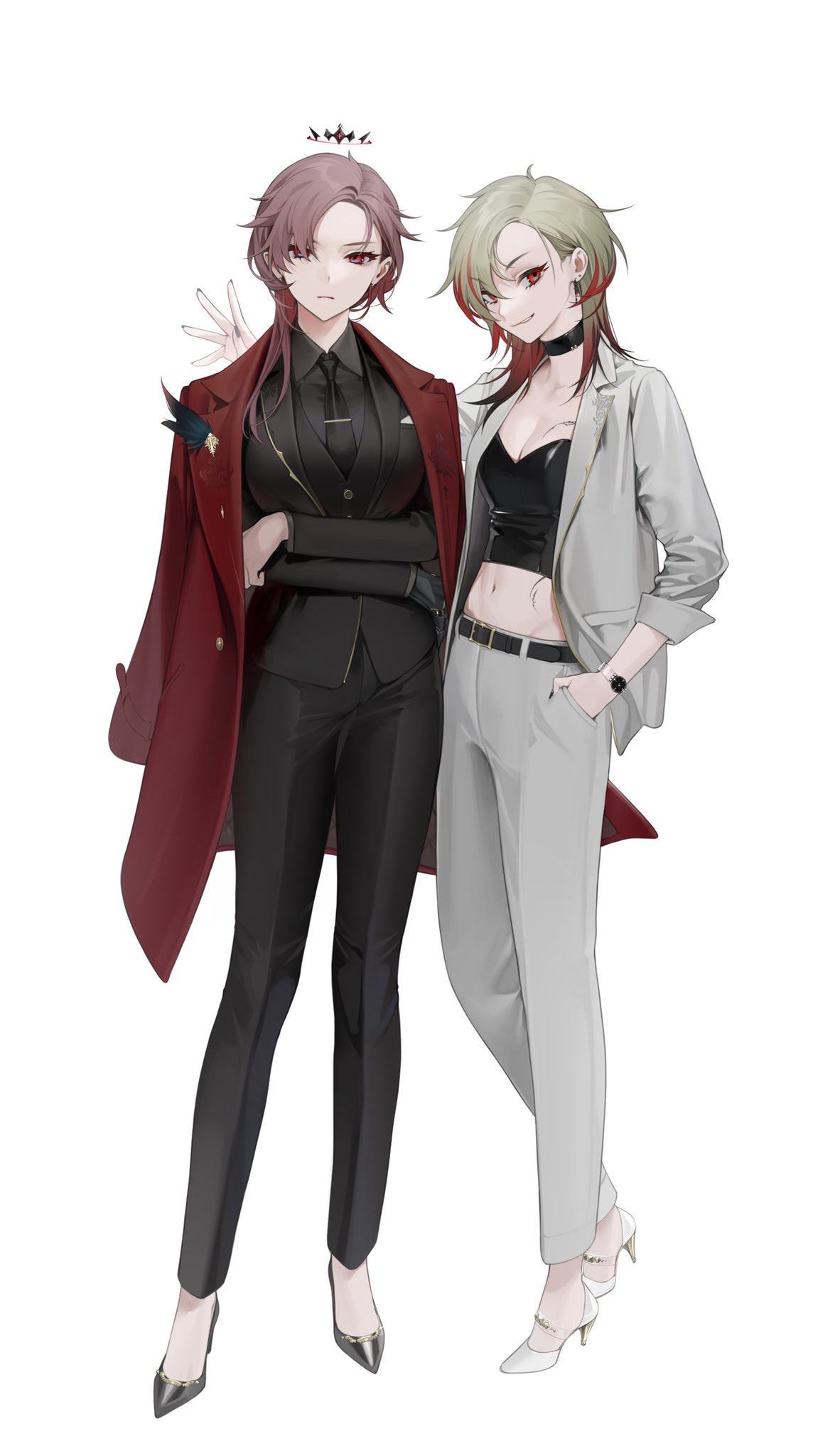 2girls, arms_under_breasts, azur_lane, belt, black_belt, black_choker, black_footwear, black_jacket