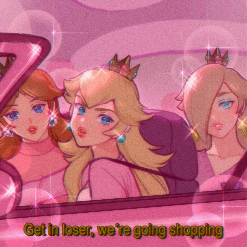 3girls, absurdres, bangs, blonde_hair, blue_eyes, blue_eyeshadow, blurry, bokeh