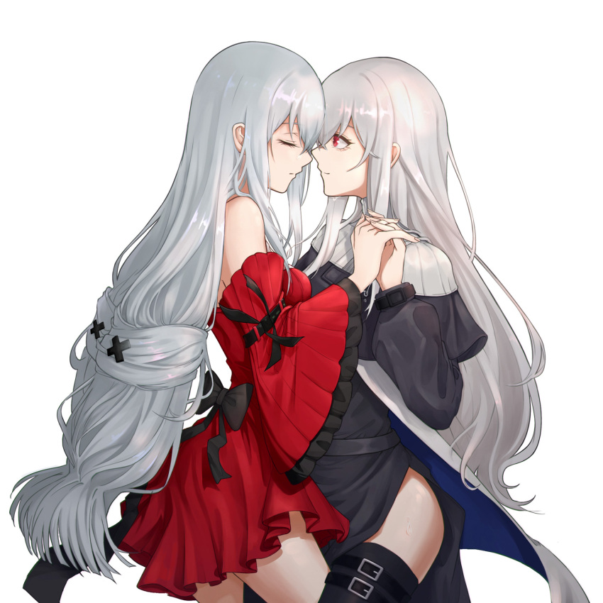 2girls, arknights, black_dress, black_legwear, closed_mouth, commentary, cowboy_shot, dress, highres, holding_hands, long_hair, long_sleeves, looking_at_another, multiple_girls, nekonomi, off-shoulder_dress, off_shoulder, red_dress, red_eyes, silver_hair, simple_background, skadi_(arknights), skadi_the_corrupting_heart_(arknights), specter_(arknights), thigh-highs, twintails, very_long_hair, white_background, yuri