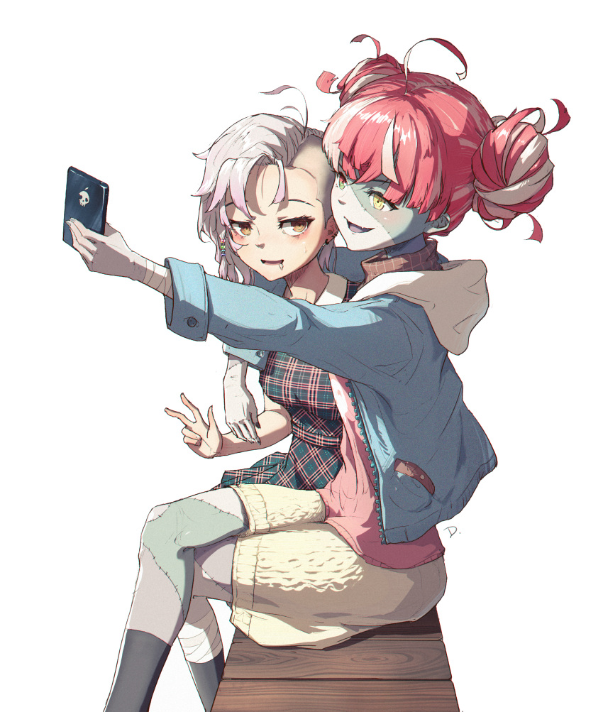 2girls, absurdres, ahoge, alternate_costume, arm_around_shoulder, bangs, blue_jacket, blush, breasts, colored_skin, dino_(dinoartforame), dress, ear_piercing, fefe_(vtuber), flat_chest, grey_hair, grey_skin, hair_behind_ear, heterochromia, highres, holding, holding_phone, hololive, hololive_indonesia, hood, hooded_jacket, indie_virtual_youtuber, jacket, kureiji_ollie, lip_piercing, medium_breasts, multicolored_hair, multiple_girls, open_mouth, phone, piercing, pink_hair, plaid, plaid_dress, red_eyes, redhead, short_hair, sidecut, silver_hair, skirt, smile, virtual_youtuber, yellow_eyes, yellow_skirt, zombie