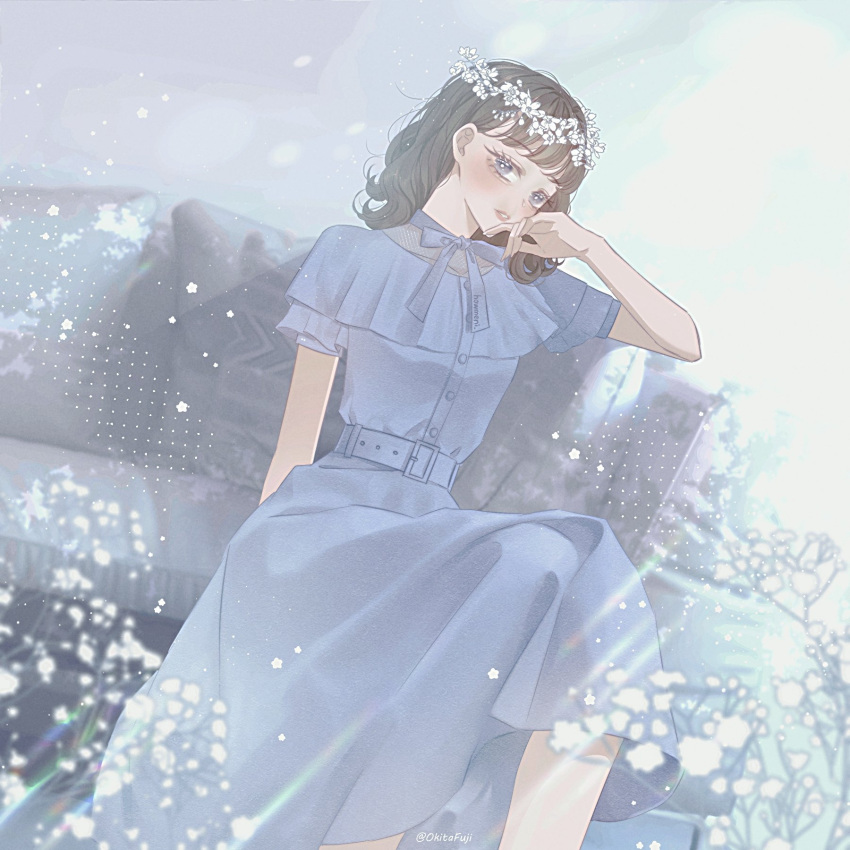 1girl, baby's-breath, bangs, belt, blue_background, blue_dress, blunt_bangs, bob_cut