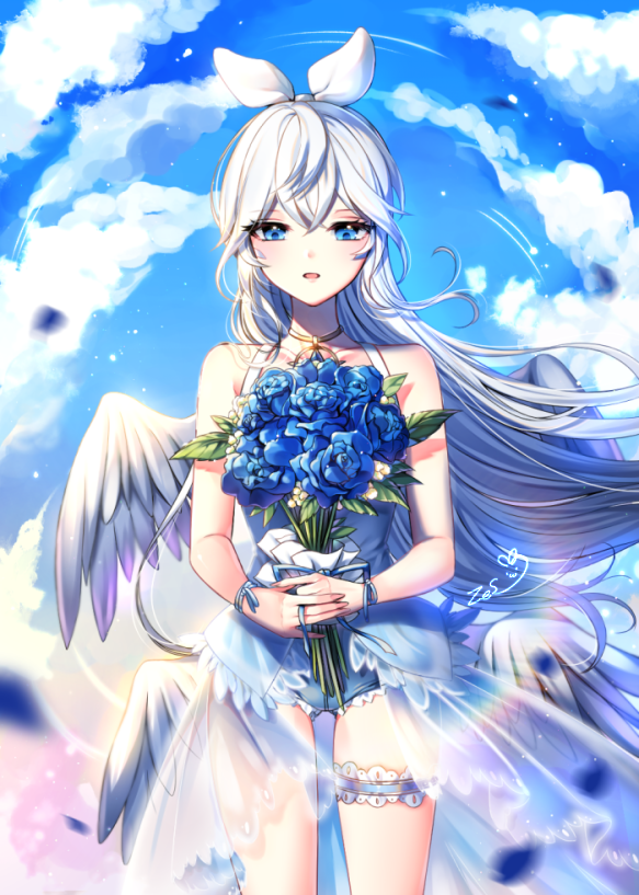 1girl, bangs, bare_arms, bare_shoulders, blue_flower, blue_rose, blue_shorts, blue_sky, bouquet, clouds, collarbone, commentary_request, day, dress, elsword, eve_(niconico), eyebrows_visible_through_hair, feathered_wings, flower, hair_between_eyes, hair_ribbon, holding, holding_bouquet, long_hair, outdoors, parted_lips, ribbon, rose, see-through, short_shorts, shorts, signature, sky, sleeveless, sleeveless_dress, solo, very_long_hair, white_dress, white_hair, white_ribbon, white_wings, wings, xes_(xes_5377)