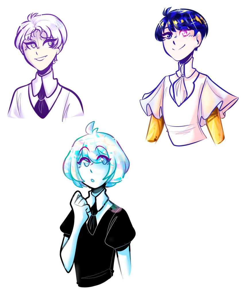 3others, blue_eyes, blue_hair, blue_skin, bob_cut, cairngorm_(houseki_no_kuni), collared_shirt, colored_skin, cosmiccolours-art, dark_blue_hair, diamond_(houseki_no_kuni), doodle, gem, gold_skin, golden_arms, grey_eyes, heterochromia, highres, houseki_no_kuni, kris_(pokemon), necktie, outline, pale_skin, phosphophyllite, puffy_short_sleeves, puffy_sleeves, red_eyes, shiny, shiny_hair, shirt, short_hair, short_sleeves, sticker, transparent_background, white_hair, white_skin