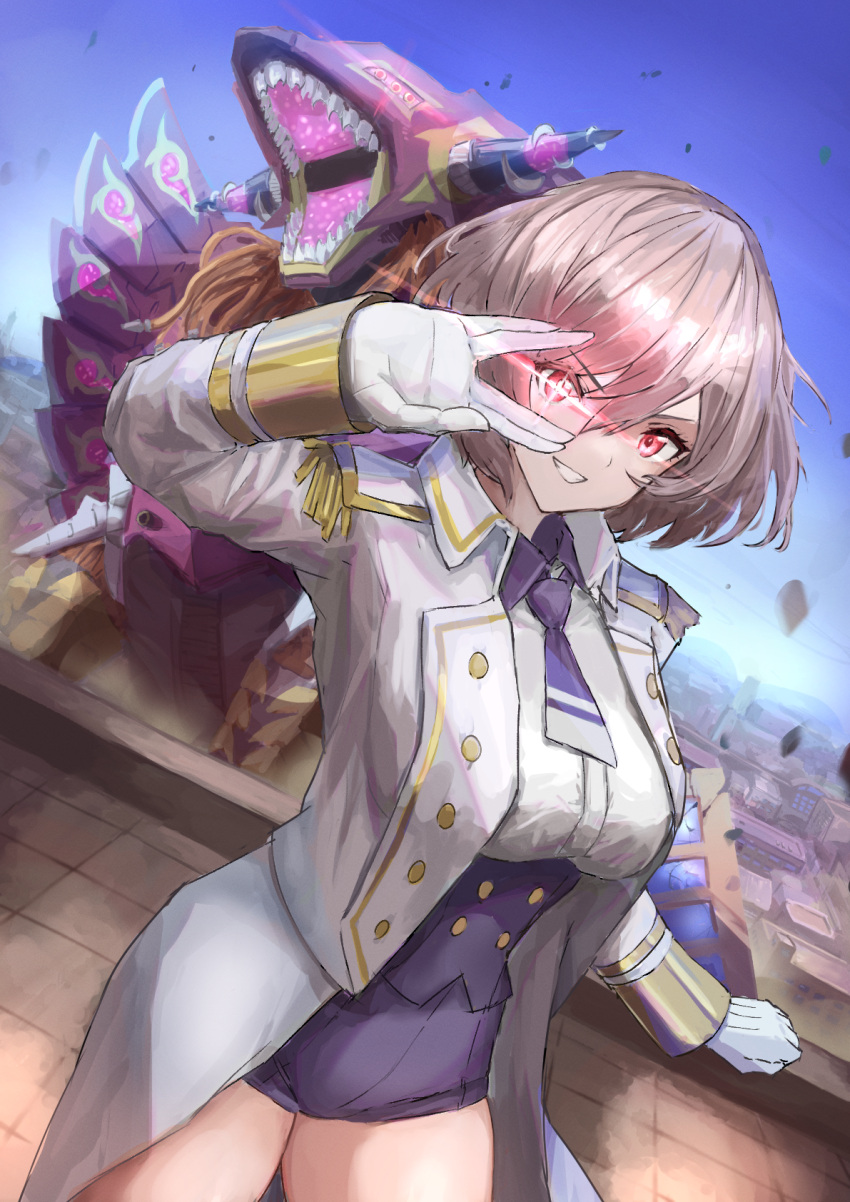 1girl, breasts, bullbind, city, clenched_hand, collared_shirt, eyebrows_visible_through_hair, glowing