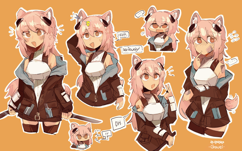 ..., 1girl, animal_ears, arknights, armor, black_jacket, black_legwear, blush