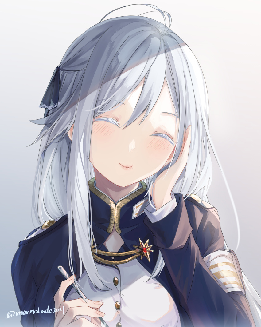 1girl, 86_-eightysix-, ^_^, absurdres, artist_name, bangs, blue_jacket, blush, breasts, closed_eyes, eating, eyebrows_visible_through_hair, hand_on_own_face, head_tilt, highres, holding, jacket, long_hair, marmalade_(7591468), medium_breasts, military, military_uniform, pink_nails, silver_hair, smile, solo, uniform, upper_body, vladilena_millize