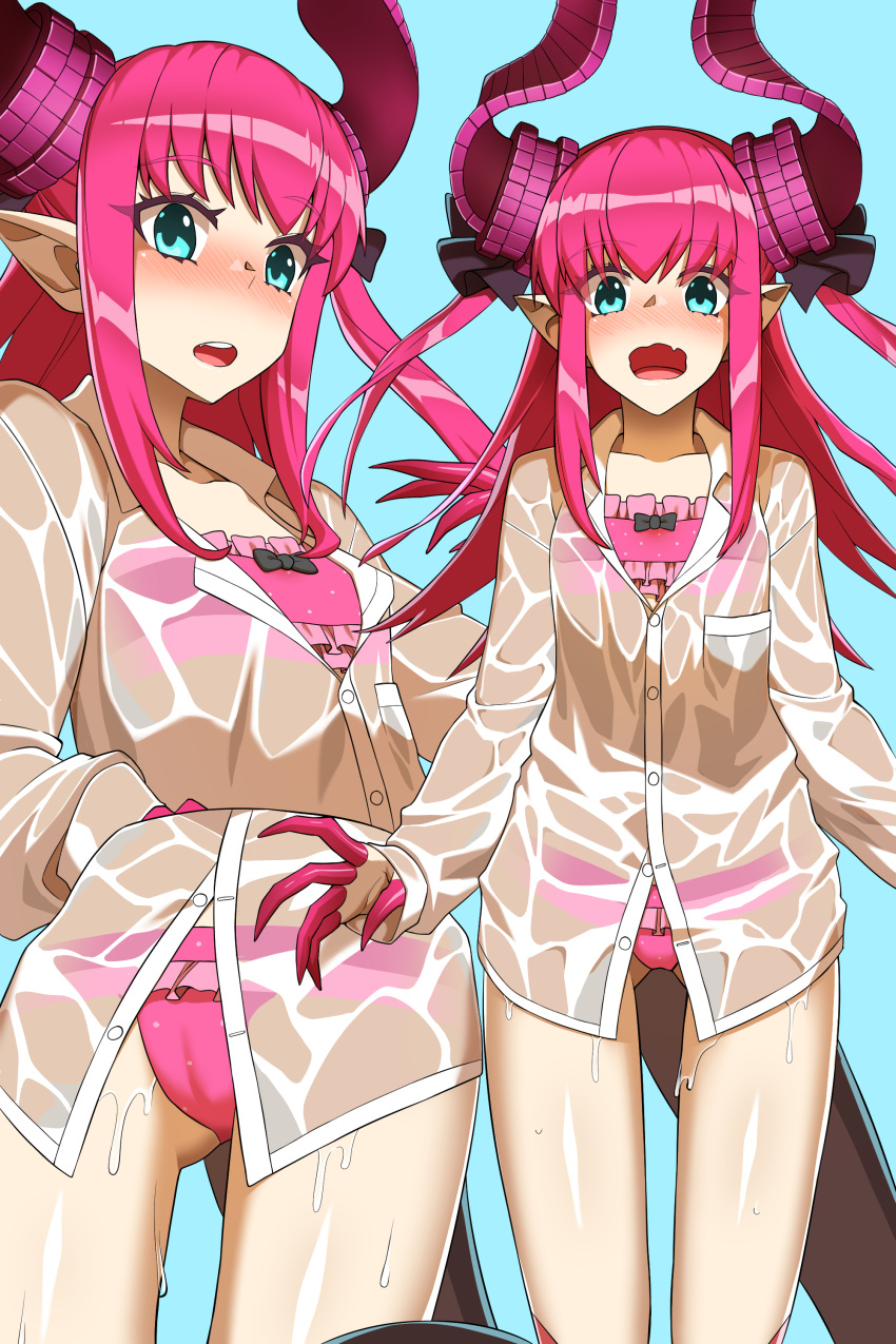 1girl, absurdres, asymmetrical_horns, bangs, bikini, bikini_under_clothes, blue_eyes, blush