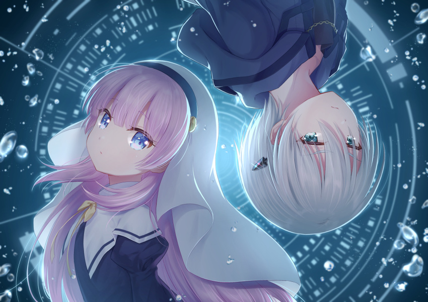1boy, 1girl, bangs, black_dress, black_shirt, blue_eyes, blue_jacket, chain