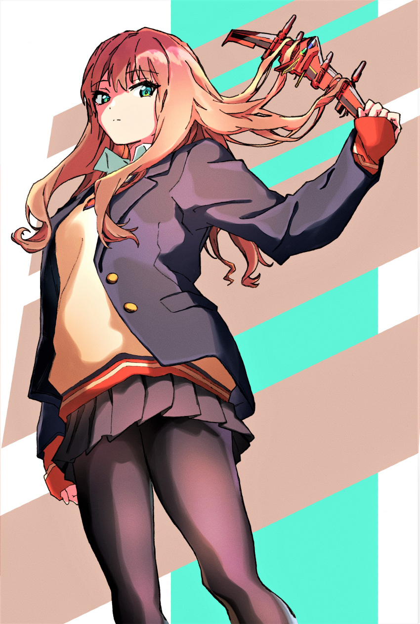 1girl, absurdres, bangs, black_jacket, black_legwear, black_skirt, blazer, bloom_into_me15, brown_hair, collared_shirt, dyna_wing, expressionless, eyebrows_visible_through_hair, gakiami, green_eyes, gridman_universe, highres, holding, holding_toy, jacket, long_hair, looking_down, minami_yume, pantyhose, school_uniform, shirt, skirt, solo, ssss.dynazenon, sweater, toy, white_shirt, yellow_sweater