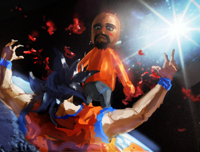 2boys, absurdres, backlighting, bald, beard, black_hair, blood, blood_splatter