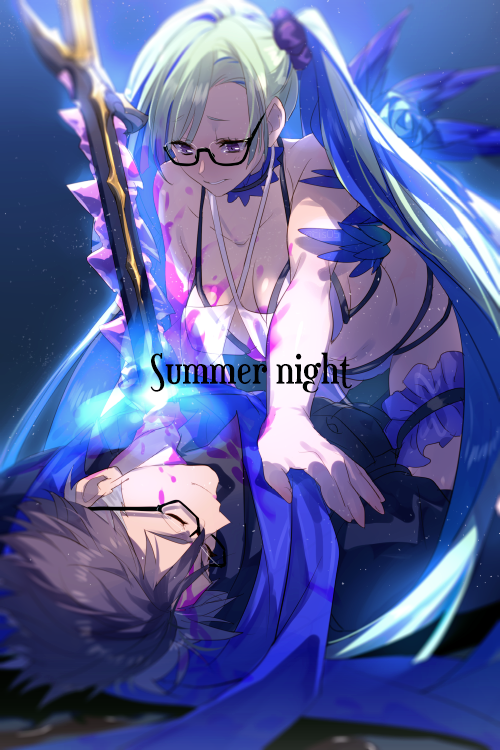 1boy, 1girl, bangs, bikini, black_hair, black_shirt, blue_hair, blush, bracelet, breasts, brynhildr_(fate), brynhildr_(swimsuit_berserker)_(fate), cis05, closed_eyes, couple, fate/grand_order, fate_(series), glasses, hair_ornament, hair_scrunchie, jewelry, leg_garter, legs, long_hair, lying, memories_with_my_lover, on_back, scrunchie, shirt, short_hair, side_ponytail, sigurd_(fate), smile, swimsuit, sword, very_long_hair, violet_eyes, weapon, white_bikini