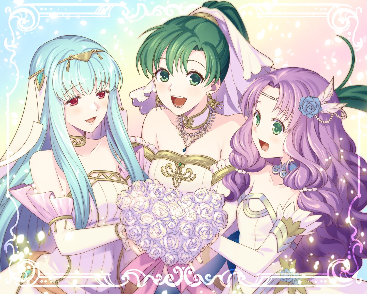 3girls, alternate_costume, dress, earrings, fire_emblem, fire_emblem:_the_blazing_blade, fire_emblem_heroes, florina_(fire_emblem)
