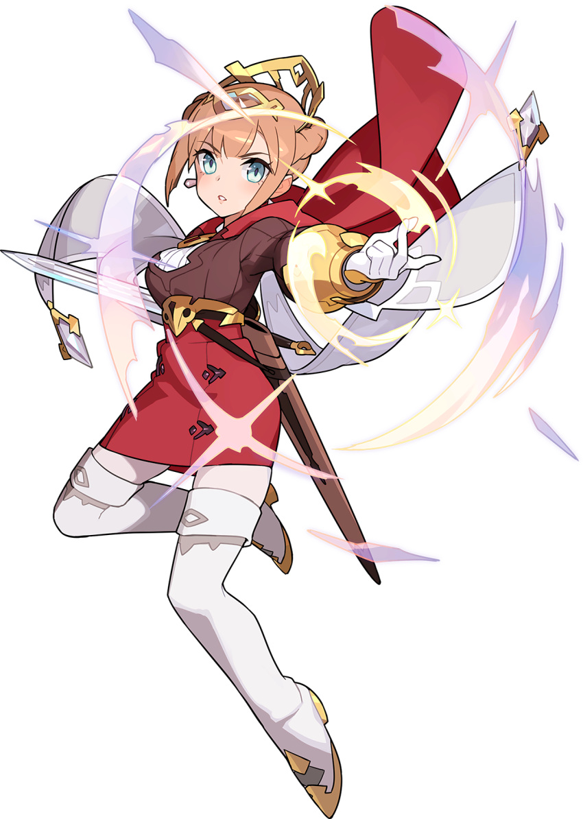 1girl, arm_up, artist_request, aura, bangs, belt, blue_eyes, blush