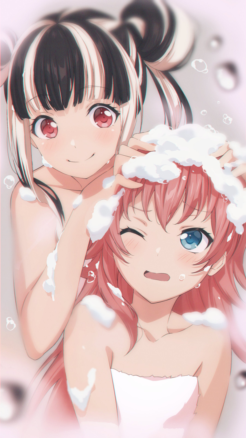 2girls, absurdres, bang_dream!, bathing, bathroom, black_hair, blue_eyes, blush