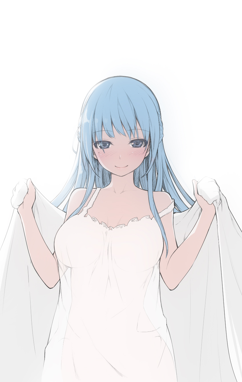 1girl, backlighting, bare_shoulders, blue_eyes, blue_hair, blue_lotus_(flower_knight_girl), breasts, chemise