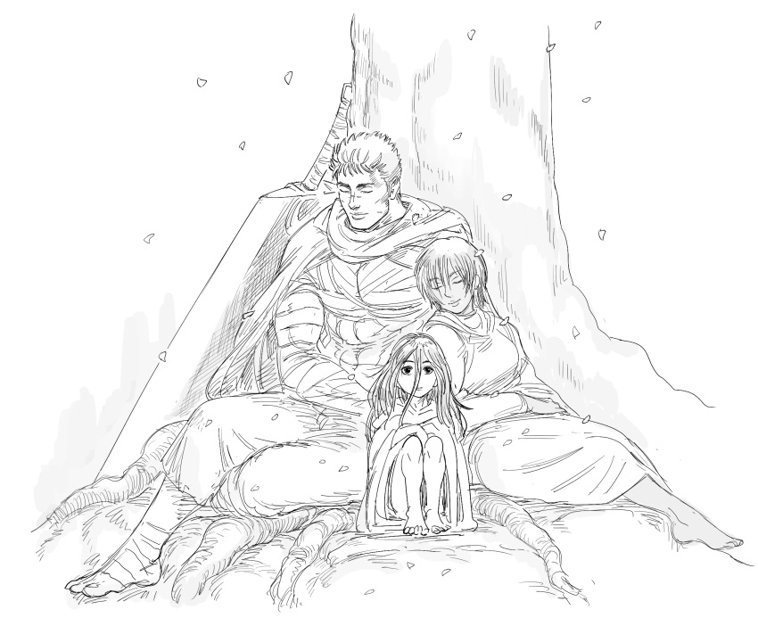 1girl, 2boys, against_tree, barefoot, bb_(baalbuddy), berserk, cape, casca_(berserk)
